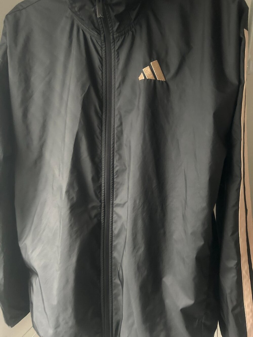 Adidas Men’s Black & Rose Gold 3-Stripe Windbreaker Jacket | Small